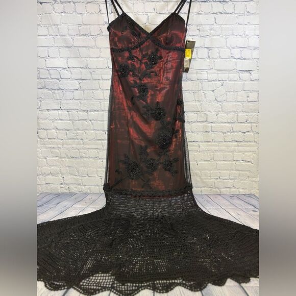 VINTAGE Sue Wong Black Red Satin Beaded Embroidered Formal Party Wedding Dress 6 - Picture 1 of 16